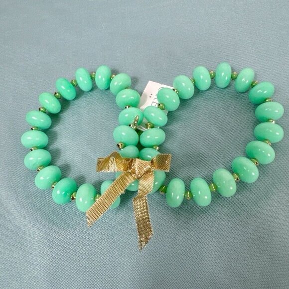 J.Crew Factory NWT Joanne Set of Two Green Bead Gold Spacer Bracelets - Picture 1 of 9